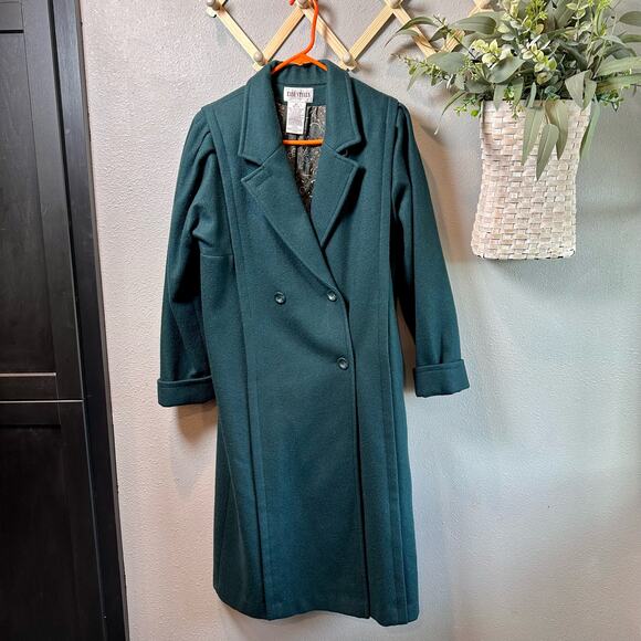 VTG Petite Essentials Green Wool Dress Coat Women's 10P Long Sleeve Button Up - Picture 1 of 13